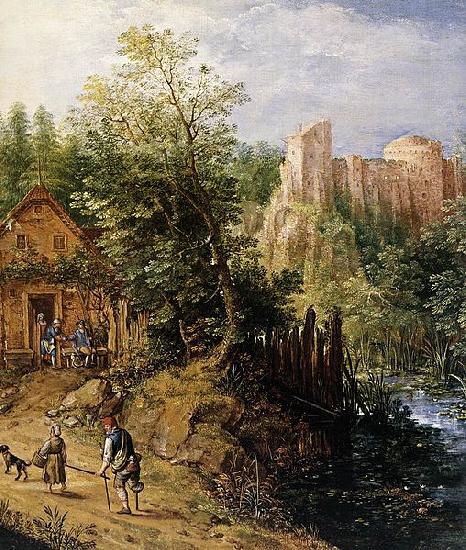 Pieter van Gunst Mountain Valley with Inn and Castle oil painting image